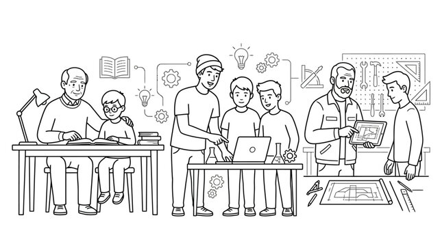cartoon illustration of funny business people having a meeting in office and cafe with humor and gag scene