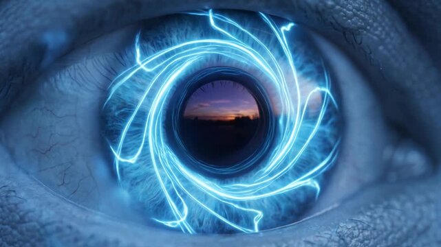 Macro close-up of human eye with glowing blue lightning energy swirling in iris. Futuristic cybernetic vision and artificial intelligence technology concept