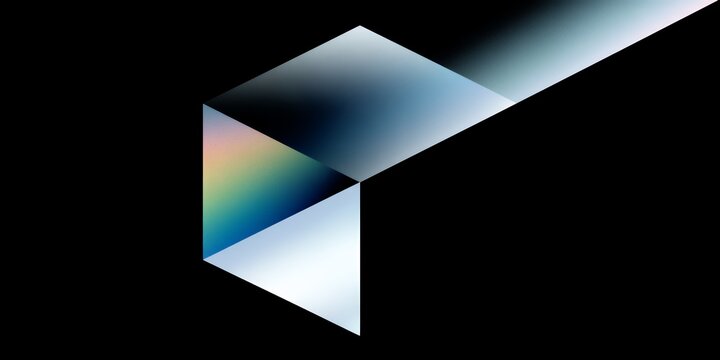 Minimalist 3d geometric cube structure with gradient iridescent light streak on deep black background for modern tech design