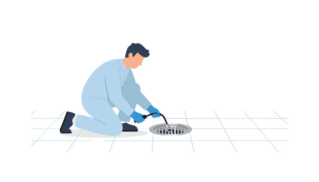 Plumber in light blue uniform kneeling on a tiled floor while inspecting a residential drain with a flexible camera probe for blockages.