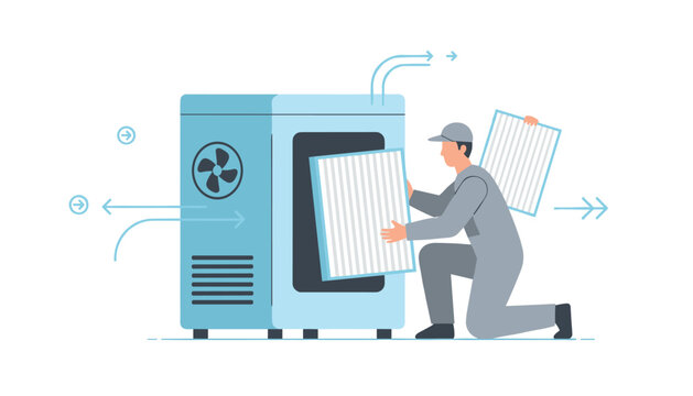 HVAC technician in grey uniform kneeling while inserting air filter into blue ventilation unit for climate control maintenance service concept.