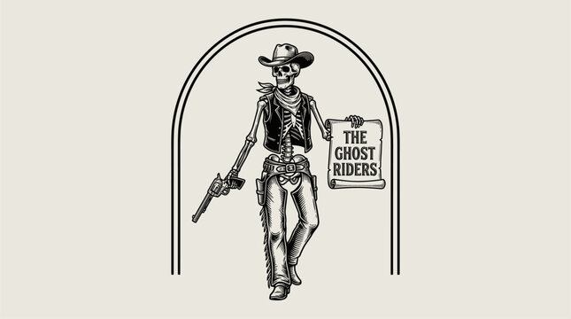 The ghost riders vintage western design. Skeleton cowboy gunfighter illustration. Wild west outlaw graphic print for t shirt.