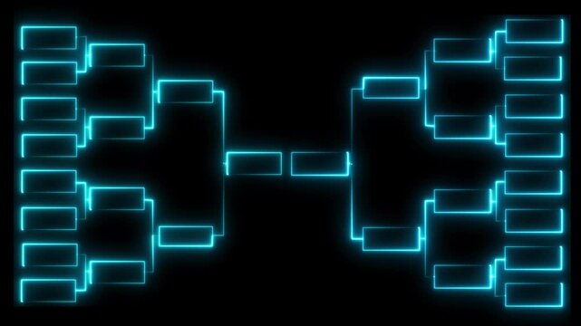 Neon championship single elimination tournament bracket or tree diagram in blue color isolated on white. Fields for 32 players or teams, 16 from each side