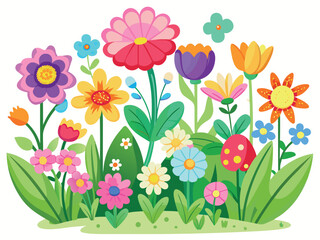 Fototapeta premium Bright Whimsical Flower Garden with Colorful Blossoms, Tulips, Daisies, Lush Green Leaves and Meadow Grass on Clean White Background Illustration