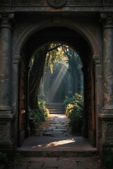 Fototapeta premium Stone path leads through ornate archway into mystical garden. Sunlight beams through trees onto hidden stairs. Ancient gate opens to secret passage inviting exploration.