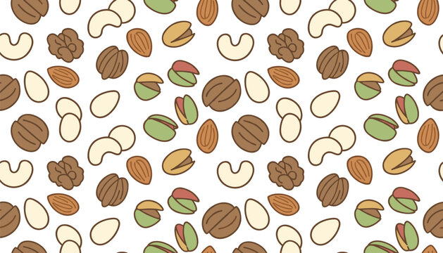 Detailed pattern of various nuts including pecans, almonds, and pistachios showcasing diverse shapes and colors for culinary and nutrition themes and healthy lifestyle branding.