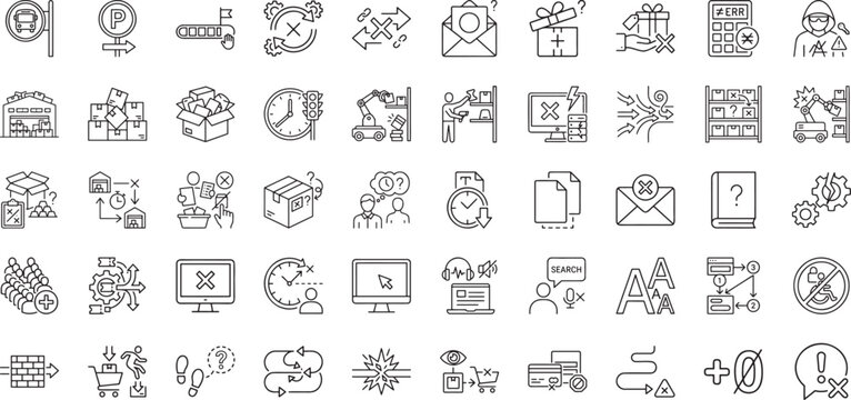 Logistics supply chain disruption and transport error line icons