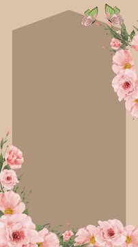 Romantic floral arch frame featuring soft pink watercolor flowers, green foliage, and pastel butterflies surrounding a beige geometric panel. Elegant botanical background with copy space, perfect for 