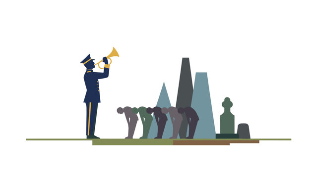 Military bugler playing a golden horn before a row of soldiers bowing in front of gravestones in a solemn memorial ceremony flat vector illustration.