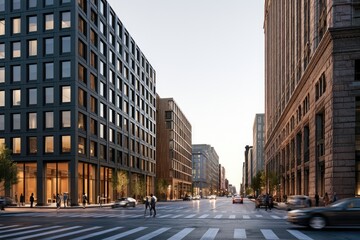 Fototapeta premium Modern City Street with Contemporary Architecture and Pedestrians at Dusk.