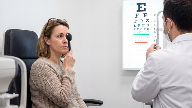 Eye examination optometry concept for vision health assessment and ocular care including visual acuity testing patient consultation and ophthalmology services in clinical healthcare settings