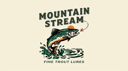 Mountain stream. Trout fishing vintage print design for t shirt. Fine lures. Explore more. © rahel lila
