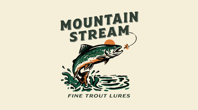 Mountain stream. Trout fishing vintage print design for t shirt. Fine lures. Explore more.