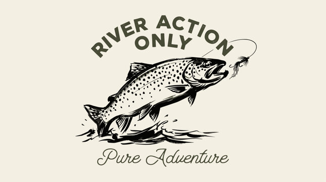 River action pure adventure. Trout fishing vintage print design for t shirt. Explore more. Fly fishing outdoor graphic.