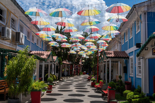 Little Finland in Penedo delights visitors with colorful umbrellas that create a vibrant setting. Penedo &ndash; Rio de Janeiro.