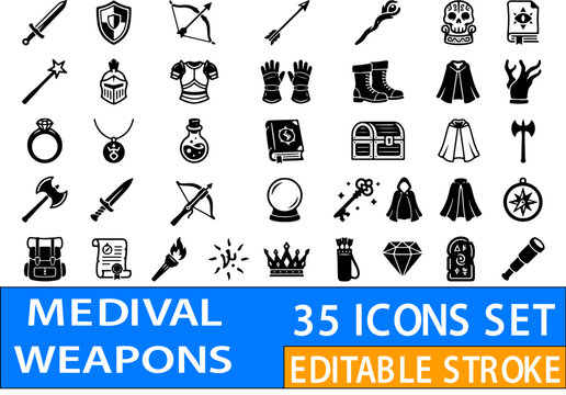 Medieval weapons icons feature classic armaments, enchanted artifacts, and fantasy equipment designed for use in historical gaming or storytelling projects.
