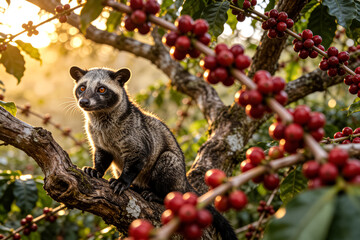Fototapeta premium A stunning Asian palm civet perched on a mossy coffee tree branch surrounded by clusters of ripe red cherries during golden hour. Perfect for premium kopi luwak coffee concepts.