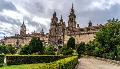 Fototapeta premium A large, ornate stone building with multiple spires and towers surrounded by lush greenery and a well-manicured garden under a cloudy sky