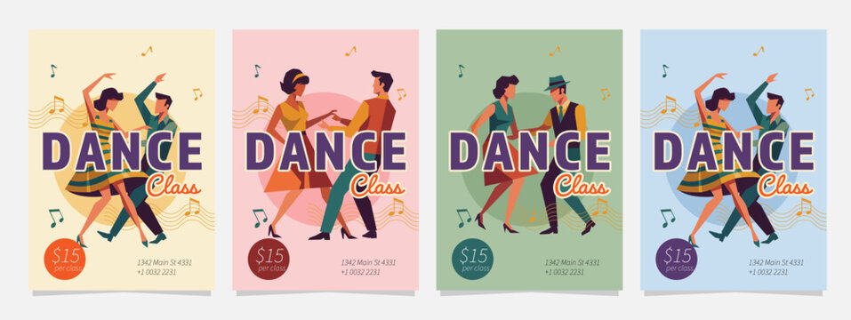 Retro Swing Dance Class Flyer Template Set with Vintage Dancing Couple Illustration