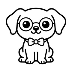 Fototapeta premium Minimalist puppy coloring page, cute cartoon dog with glasses and bow tie, black and white line art illustration for children activity books