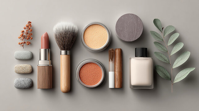 Minimalist flat lay arrangement of gender-neutral skincare and makeup products on neutral background