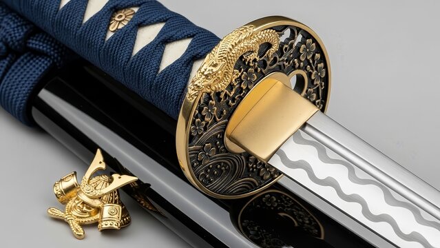 Close-up of Traditional Japanese Katana with Ornate Gold Tsuba and Blue Handle