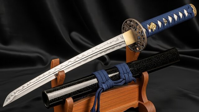 Traditional Japanese Tanto sword on wooden display stand