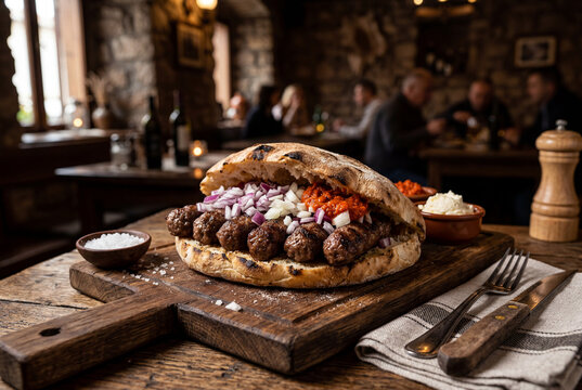 Grilled Chevapi in somun bread with onions relish on wood board