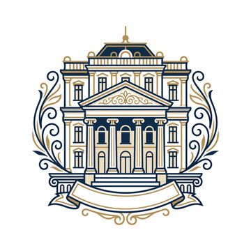 Ornate architectural facade logo with decorative scrollwork and frame.