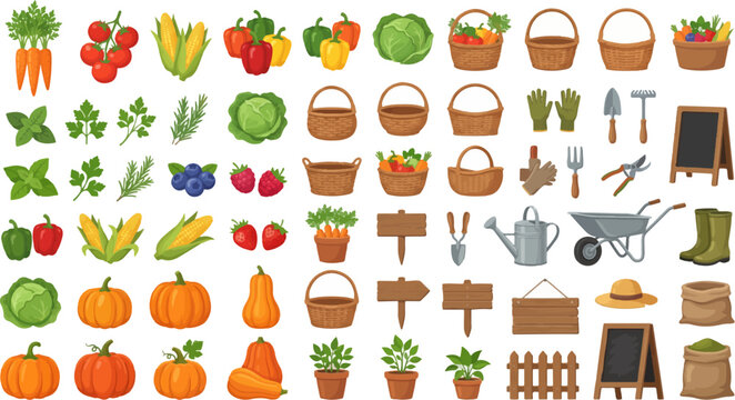 Vegetables and gardening tools are arranged in a flat vector collection representing sustainable farming practices and organic food production for creative design.