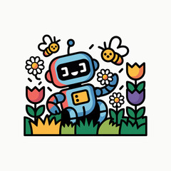 Naklejka premium Blue Robot Playing with Bees among Colorful Flowers in Garden