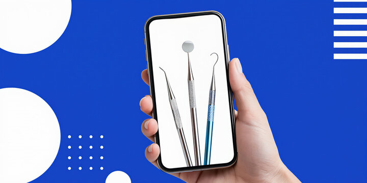Hand holds smartphone displaying dental tools. Digital dentistry concept for online consultation and remote patient care. Modern healthcare tech interface.