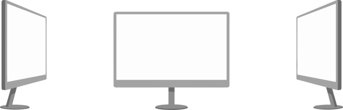 Modern computer monitor vector illustration mockups showing realistic blank screen templates from front, left, and right side views isolated on white background.