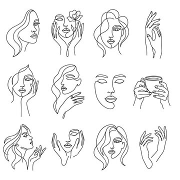 Line art illustrations of women holding objects and expressing emotions  