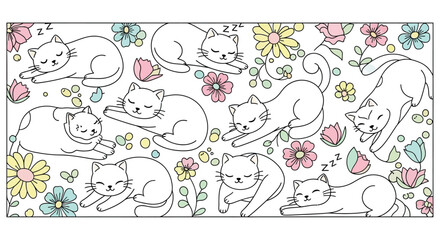 Floral pattern with sleeping cats vector illustration with pastel color accents © MDRASEL