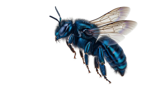 Detailed macro shot of a vibrant blue bee showcasing iridescent wings and fuzzy textured body