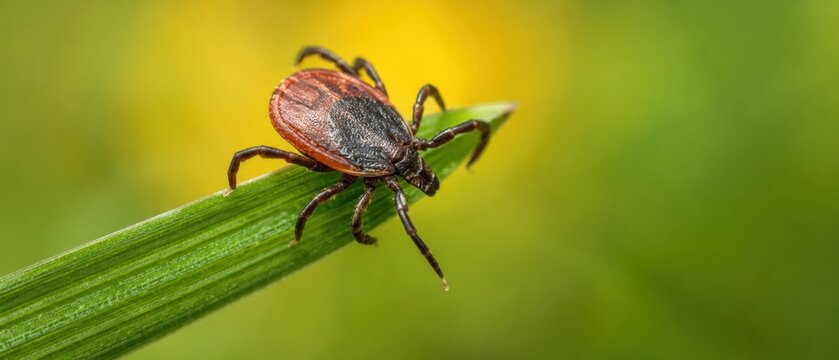 Photo macro d'une tique dangereuse attendant sa proie sur un brin d'herbe verte. Concept de risque de morsure, maladie de Lyme et enc&eacute;phalite