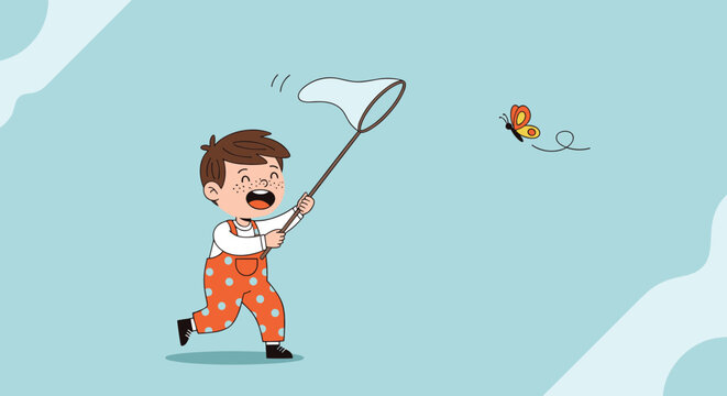 Energetic little boy in orange polka dot overalls runs through a field while trying to catch a butterfly with his white net.