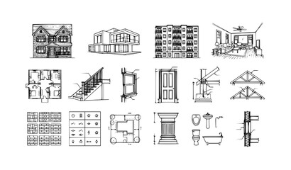 Fototapeta premium Architectural Line Drawing Set with Interior and Exterior Building Sketch Vector Illustrations