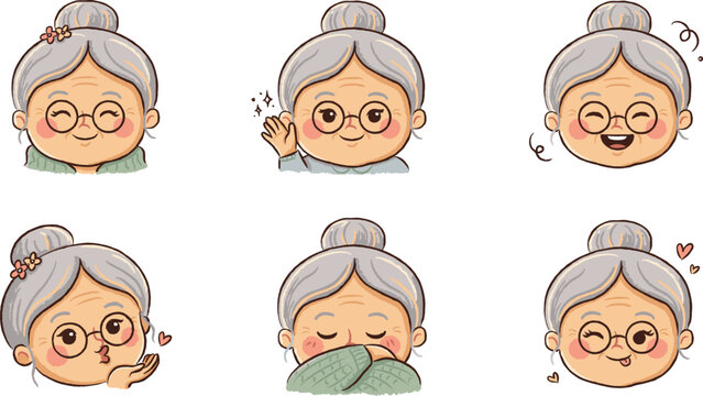 Cute grandmother emoji avatar vector illustration set featuring a sweet elderly woman with grey hair glasses smiling waving laughing and blowing a kiss