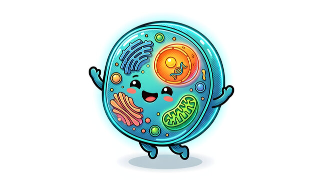 Vibrant Happy Cartoon Cell Character with Organelles for Biology Education and Healthcare Explanations