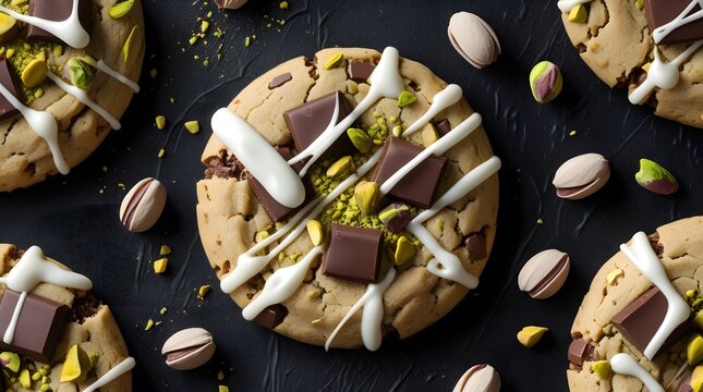 Gourmet cookie with chocolate chunks, white icing drizzle, and crushed pistachios on black textured background.