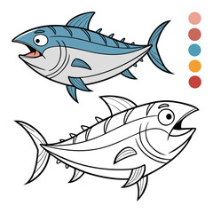 Obraz premium Cartoon Tuna Fish Outline and Colorful Version – Cute Marine Animal Illustration for Kids Educational and Creative Ocean Coloring Projects
