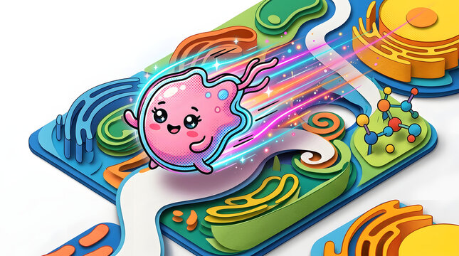 Vibrant Cartoon Microorganism with Flagellum Actively Navigating Complex Cellular Landscape for Educational Biology & Science Content