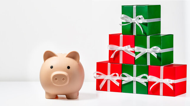Small piggy bank beside stacked green and red gift boxes with white ribbons on white surface
