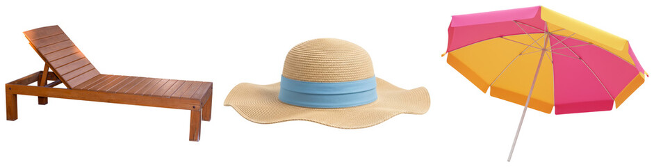 Obraz premium Wooden lounge chair, straw hat with blue ribbon, and a pink and yellow beach umbrella isolated on white background