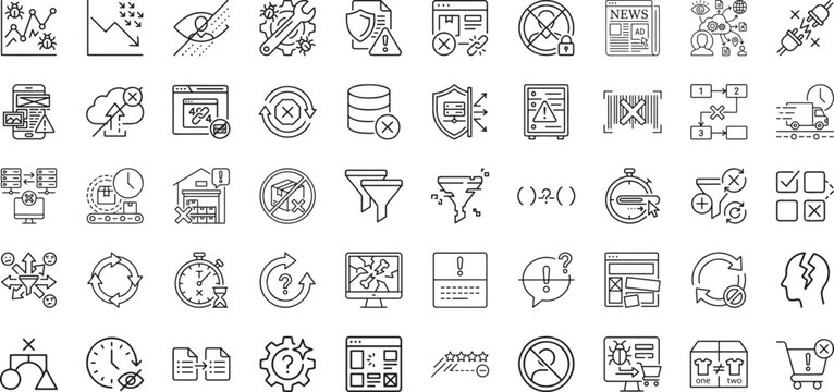 Market decline and data network breakdown outline icons