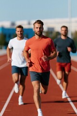 Fototapeta premium Male athletes running on outdoor track background with competitive sprinters for fitness banner and sports training poster