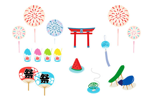 日本の夏祭り&bull;お盆のベクターイラストセット
(花火&bull;鳥居&bull;かき氷&bull;スイカ&bull;風鈴&bull;蚊取り線香&bull;精霊馬&bull;精霊牛&bull;うちわ)