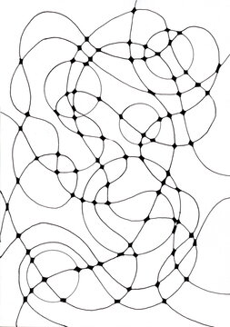 Abstract graphic drawing in neurography style. Black smooth bionic lines intertwine on a white background, forming a complex network resembling neural connections, a mind map, or an abstract cell patt